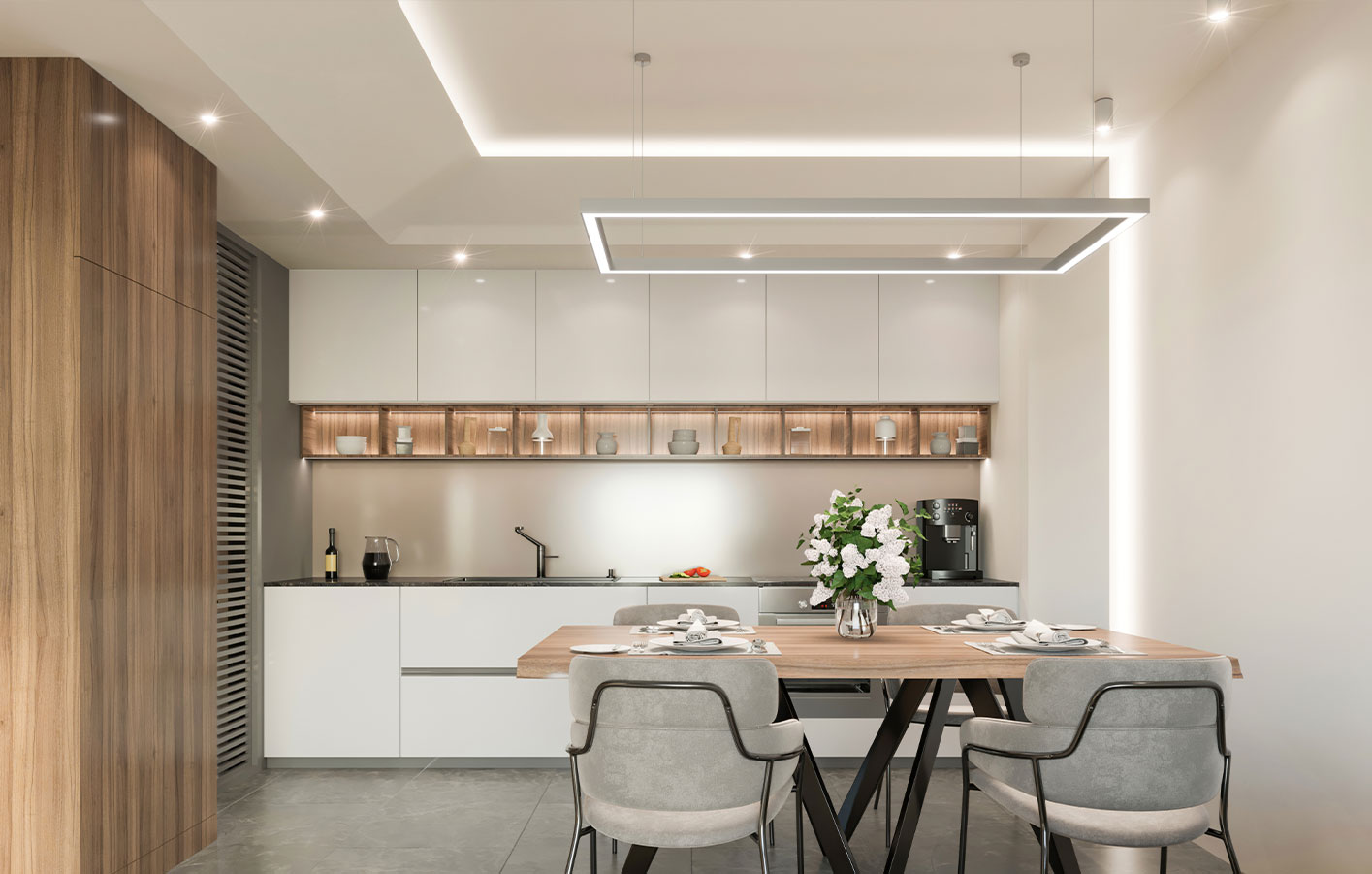moderne Küche mit Spots und indirekter Beleuchtung 